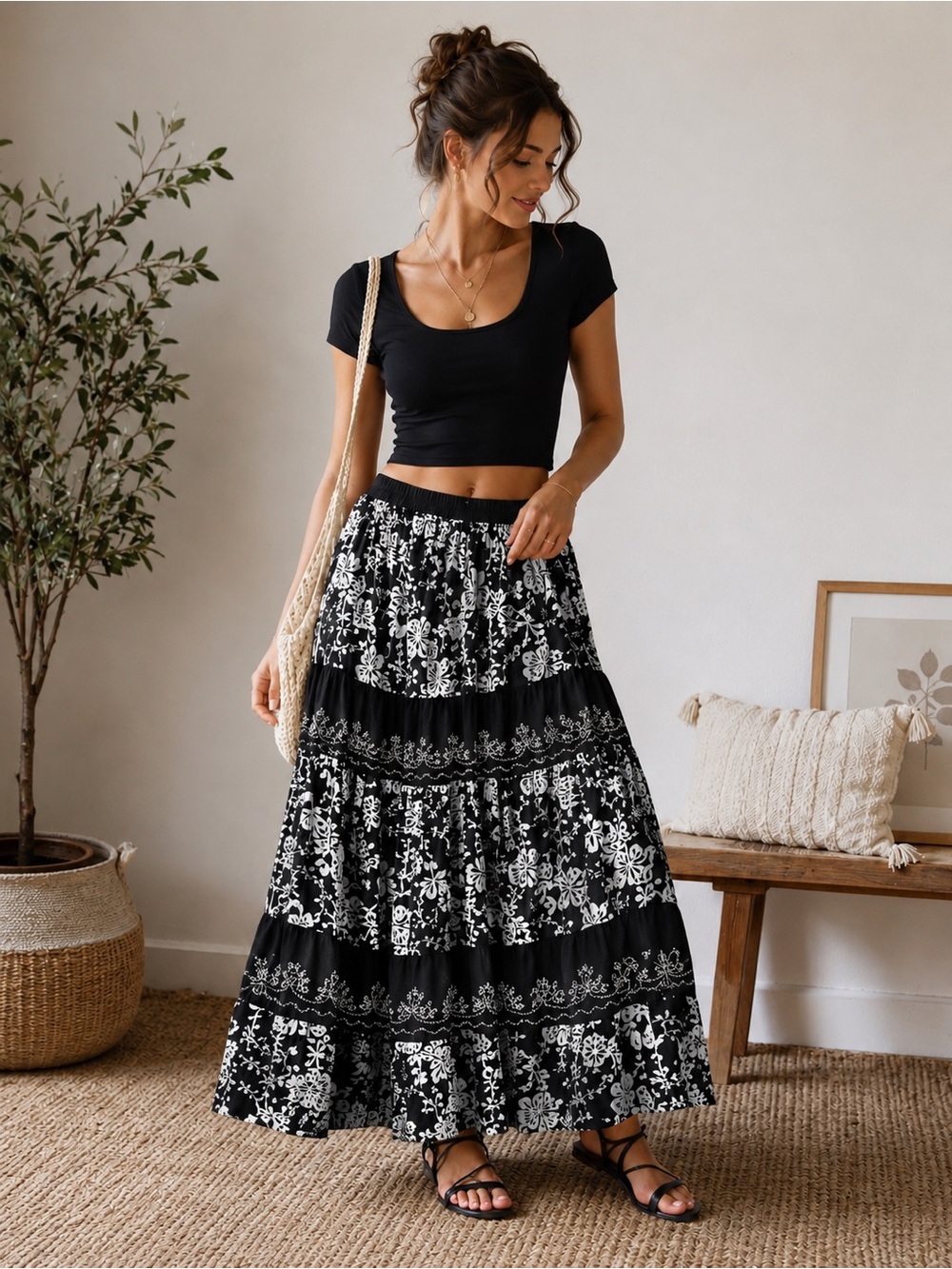 Studio West Black White Floral Tiered Midi Skirt Boho Cottagecore S Cotton